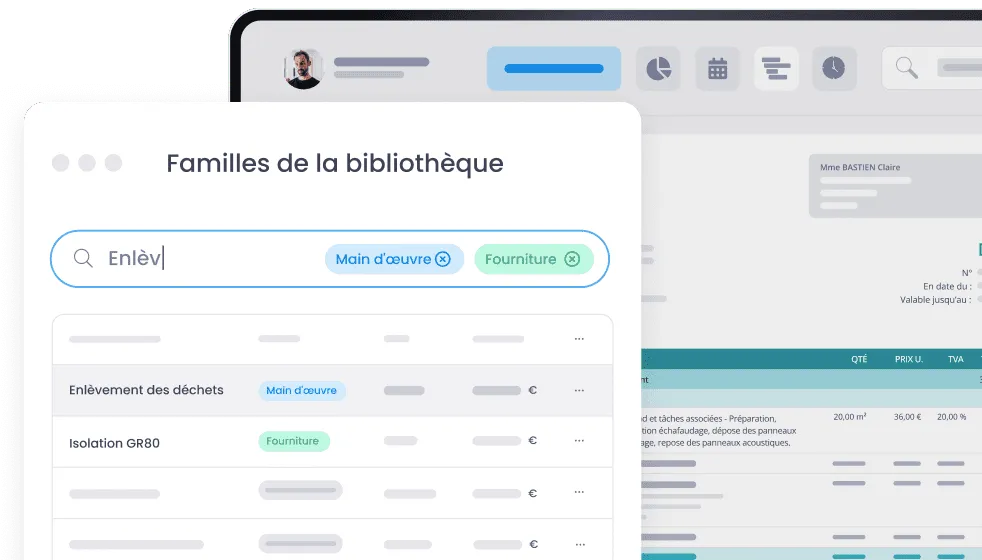 Visuel éditeur Obat : recherche dans les familles de la bibliothèque, avec des catégories de main-d’œuvre et de fournitures.